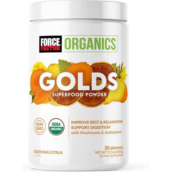 FORCE FACTOR Organics Golds Superfood Powder to Improve Rest and Relaxation, Turmeric Curcumin and Mushroom Supplement with Turkey Tail Mushroom, Chaga, and Ginger, Soothing Citrus, 30 Servings