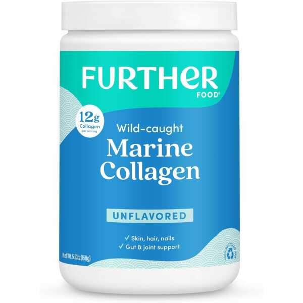 Further Food Unflavored Marine Collagen Peptides Powder, Wild Caught, Sustainable, Type 1, 2 & 3 Collagen, Gut + Joint Support, Hair, Skin, Nails, Sugar-Free 5.93 oz