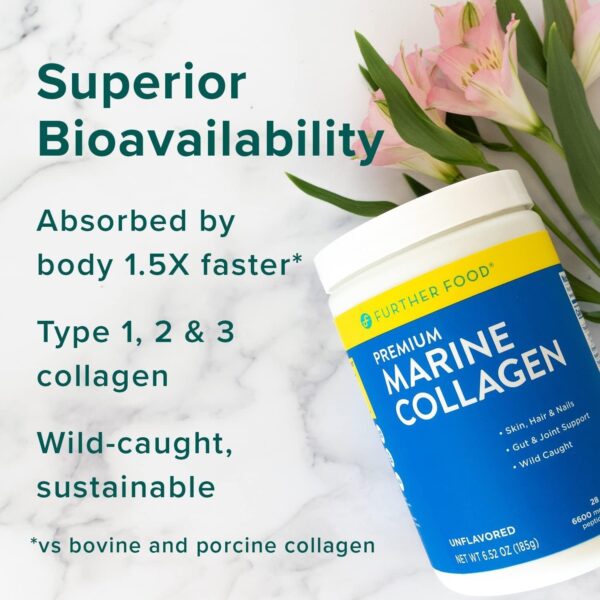 Further Food Unflavored Marine Collagen Peptides Powder, Wild Caught, Sustainable, Type 1, 2 & 3 Collagen, Gut + Joint Support, Hair, Skin, Nails, Sugar-Free 5.93 oz