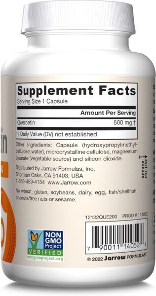 Jarrow Formulas Quercetin 500 mg, Dietary Supplement, Antioxidant Support for Cardiovascular and Immune Health, 200 Veggie Capsules, 200 Day Supply