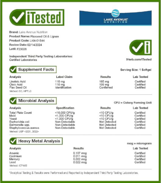 Lake Avenue Nutrition Organic Cold Pressed Flaxseed Oil & Lignan, Hexane Free, 360 Veggie Softgels