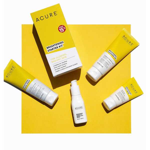 Acure Brightening Starter Kit – Cleansing Gel, Facial Scrub, Day Cream, and Vitamin C & Ferulic Acid Serum – All Skin Types – Softens, Detoxifies and Cleanses For Natural Glowing Skin