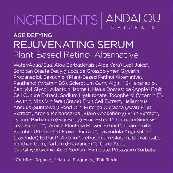 Andalou Naturals Rejuvenating Serum with Plant Based Retinol, 1 Oz