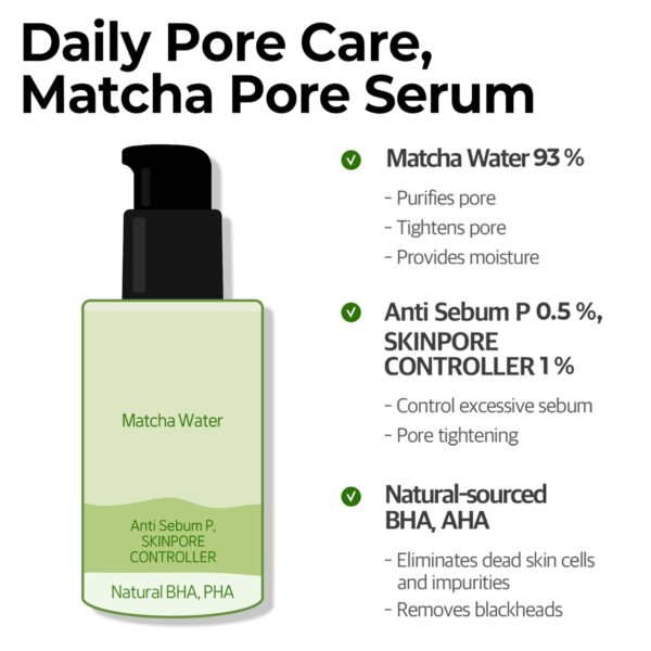 SOME BY MI Super Matcha Pore Tightening Serum – 1.69Oz, 50ml – Made from Match Water for Sensitive Skin – Skin Moisturizing and Purifying Effect – Blackheads, Sebum and Pore Care – Korean Skin Care