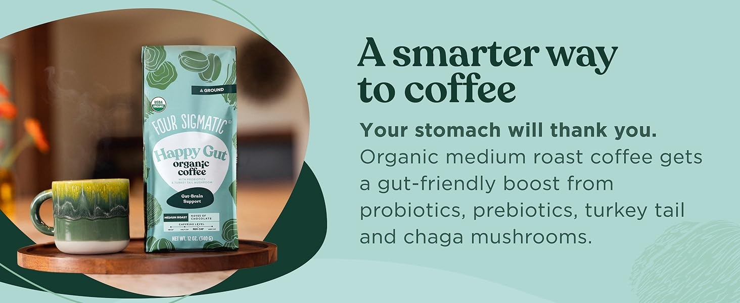 Medium roast coffee gets a gut-friendly boost with probiotics and prebiotics, turkey tail and chaga