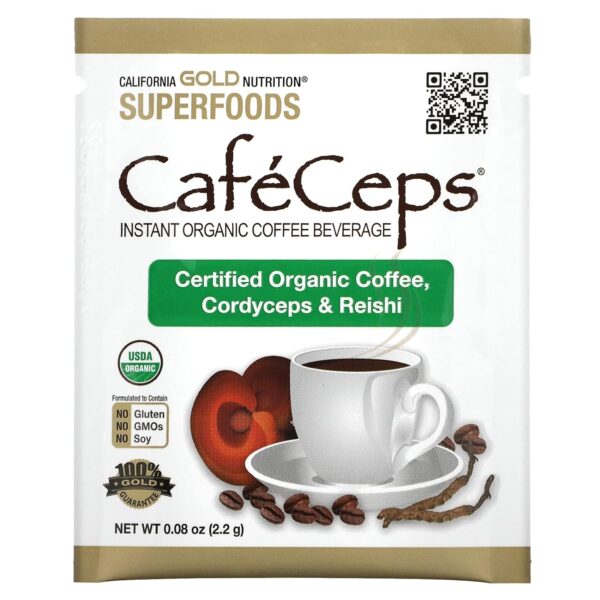 California Gold Nutrition CafeCeps, Certified Organic Instant Coffee with Cordyceps and Reishi Mushroom Powder, 30 Packets, 0.08