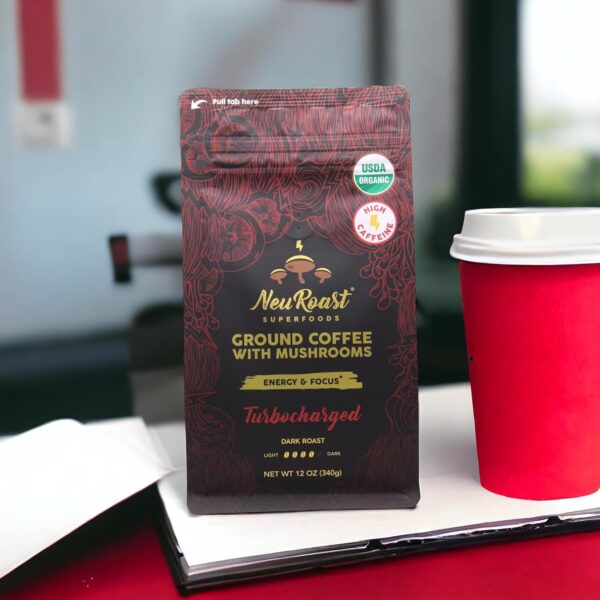 Organic Ground Mushroom Coffee by NeuRoast – Hazelnut Flavor | Low Acid, Smooth Taste | Premium Coffee with 5 Superfood