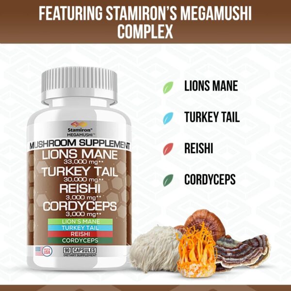 Stamiron Lions Mane Supplement Turkey Tail Mushroom Capsules with Cordyceps Extract & Reishi Mushrooms – Alt to Mushroom