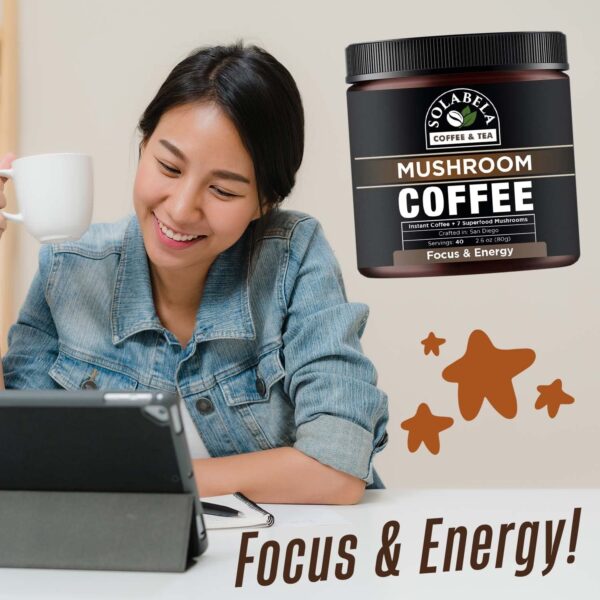 Solabela Coffee Organic Mushroom Coffee (38 Servings) with 7 Superfood Mushrooms, Great Tasting Arabica Instant Coffee, Includes