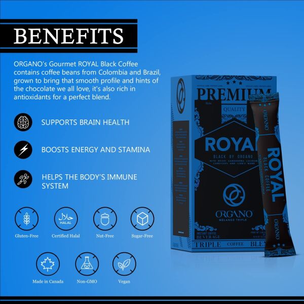 Organo Royal Black Medium Dark Roast Instant coffee – Infused with Triple Mushroom Blend | Ganoderma, CORDYCEPS, and LION’S