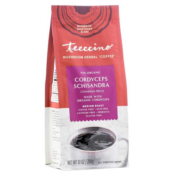 Teeccino Cordyceps Schisandra Coffee Alternative – Cinnamon Berry – Adaptogenic Herbal Mushroom Coffee, Caffeine-Free,