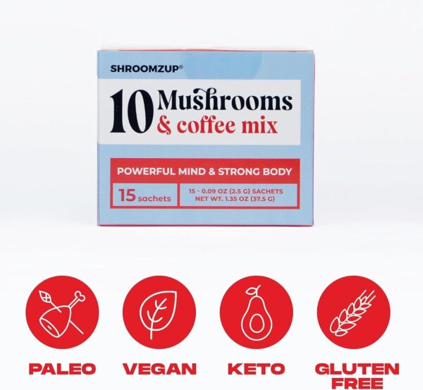 Mushroom Coffee Instant with 10 Mushrooms – 15 Pack with Reishi, Lion’s Mane, Chaga, Turkey Tail, Cordyceps Mushrooms –