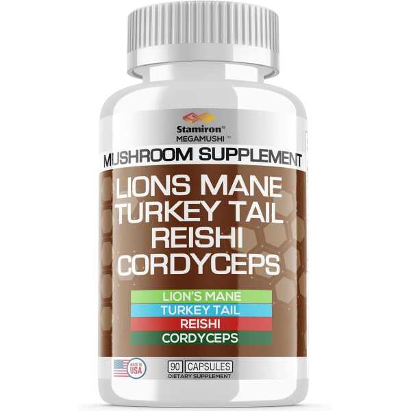 Stamiron Lions Mane Supplement Turkey Tail Mushroom Capsules with Cordyceps Extract & Reishi Mushrooms – Alt to Mushroom