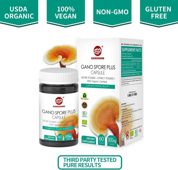 Organic Reishi Mushroom Spore Plus Capsules with 100% Ganoderma Lucidum Spore Powder+ Extract, Vegan, All Natural, Non-GMO &