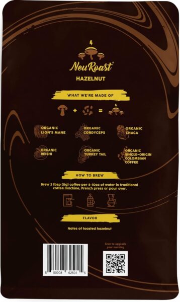 Organic Ground Mushroom Coffee by NeuRoast – Hazelnut Flavor | Low Acid, Smooth Taste | Premium Coffee with 5 Superfood