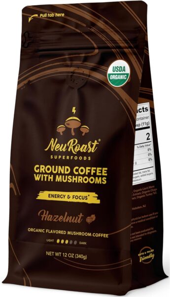 Organic Ground Mushroom Coffee by NeuRoast – Caramel Flavor | Low Acid, Smooth Taste | Premium Coffee with 5 Mushroom Blend –