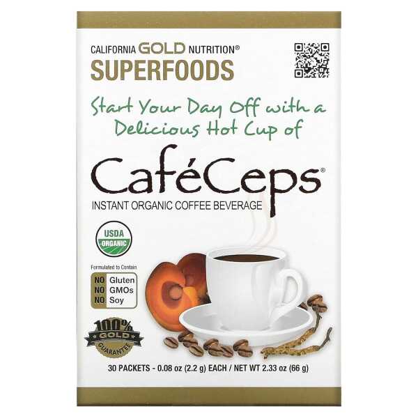 California Gold Nutrition CafeCeps, Certified Organic Instant Coffee with Cordyceps and Reishi Mushroom Powder, 30 Packets, 0.08