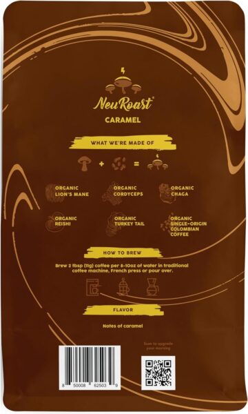 Organic Ground Mushroom Coffee by NeuRoast – Caramel Flavor | Low Acid, Smooth Taste | Premium Coffee with 5 Mushroom Blend –