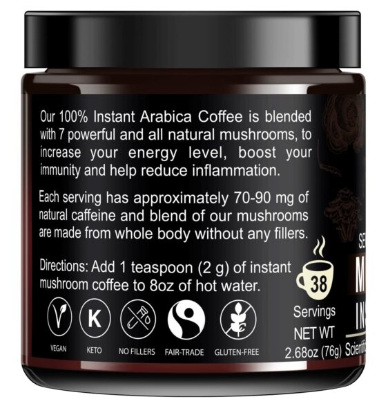 Solabela Coffee Organic Mushroom Coffee (38 Servings) with 7 Superfood Mushrooms, Great Tasting Arabica Instant Coffee, Includes