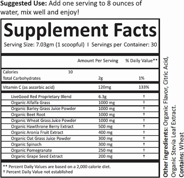 LIVEGOOD™ Organic Super Reds with Alfalfa, Barley Grass, Beet Root, Pomegranite, Grape Seed, Vegan, Gluten Free, 7.2 oz.