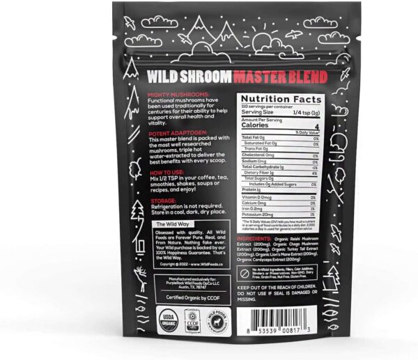 Wild Mushroom Extract Blend, Reishi, Chaga, Cordyceps, Turkey Tail, Lion’s Mane Supplement for Smoothies, Shakes, Coffee