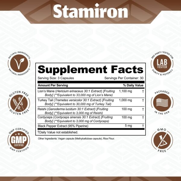 Stamiron Lions Mane Supplement Turkey Tail Mushroom Capsules with Cordyceps Extract & Reishi Mushrooms – Alt to Mushroom