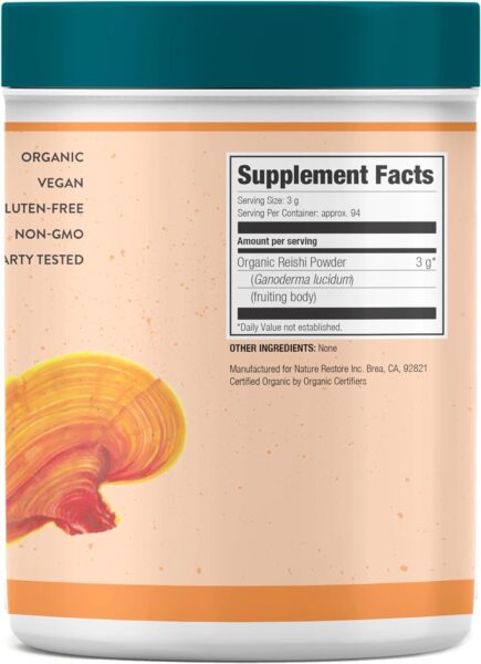 Nature Restore USDA Certified Organic Red Reishi Mushroom Powder, 10 Ounces, Non GMO, Gluten Free, Packaged in California,