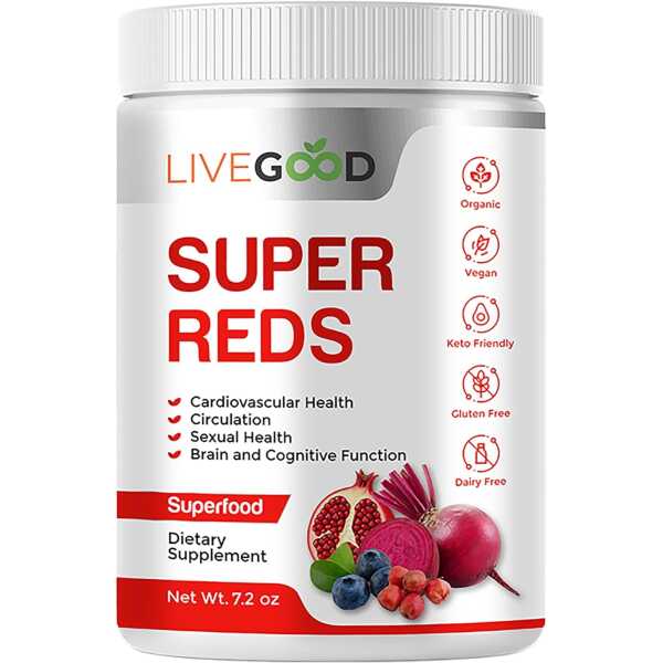 LIVEGOOD™ Organic Super Reds with Alfalfa, Barley Grass, Beet Root, Pomegranite, Grape Seed, Vegan, Gluten Free, 7.2 oz.