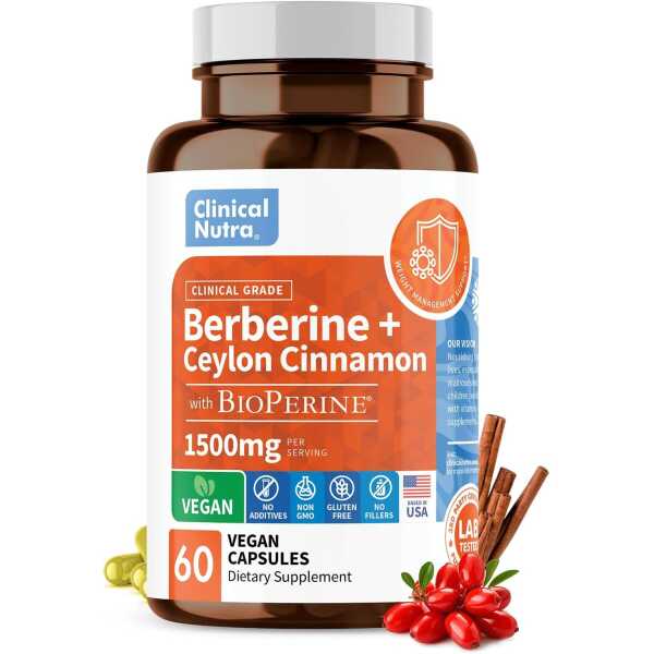 Clinical Grade Berberine Supplement 1500mg HCL Plus Ceylon Cinnamon Weight Management – 4X Strength with Bioperine – 60 Vegan