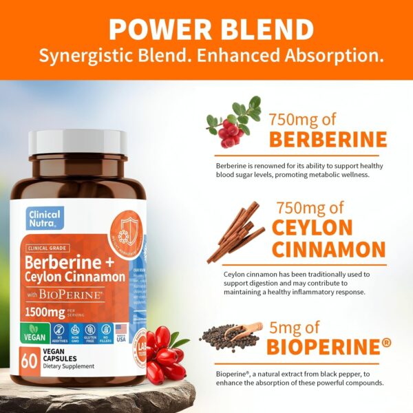 Clinical Grade Berberine Supplement 1500mg HCL Plus Ceylon Cinnamon Weight Management – 4X Strength with Bioperine – 60 Vegan