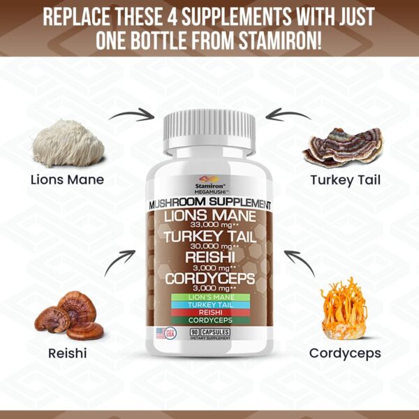 Stamiron Lions Mane Supplement Turkey Tail Mushroom Capsules with Cordyceps Extract & Reishi Mushrooms – Alt to Mushroom