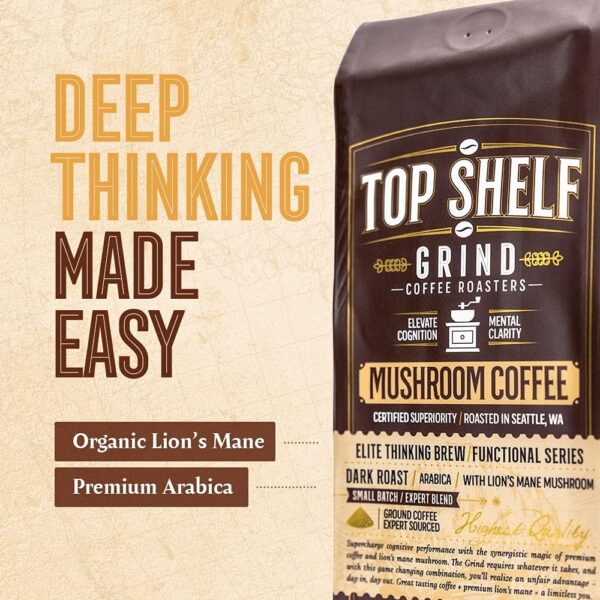 Mushroom Coffee – Ground Dark Roast Organic Lions Mane Coffee for Super Human Focus, Memory & Concentration – High Caffeine