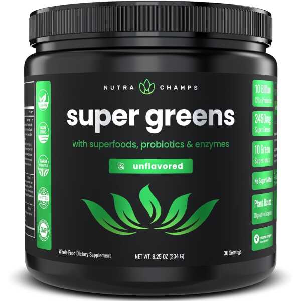 NutraChamps Super Greens Powder Premium Superfood | 20+ Organic Green Veggie Whole Foods | Alfalfa, Spirulina, Chlorella & More