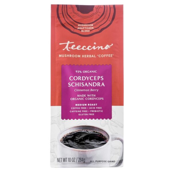 Teeccino Cordyceps Schisandra Coffee Alternative – Cinnamon Berry – Adaptogenic Herbal Mushroom Coffee, Caffeine-Free,