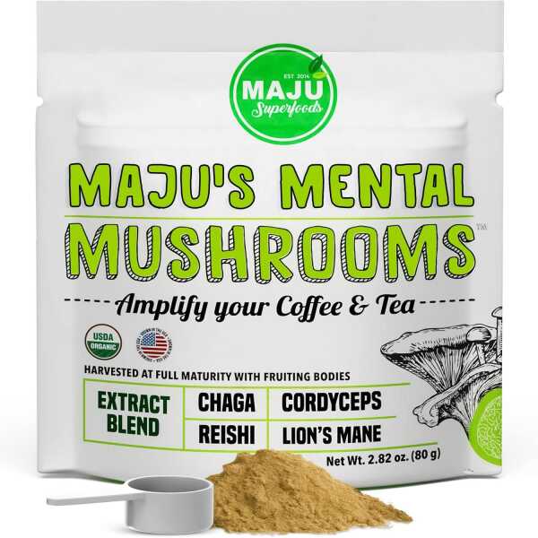 MAJU’s Mental Mushroom Powder Extract, Strong Lions Mane, Chaga, Reishi, Cordyceps, Fruiting Bodies for Coffee, Immune System