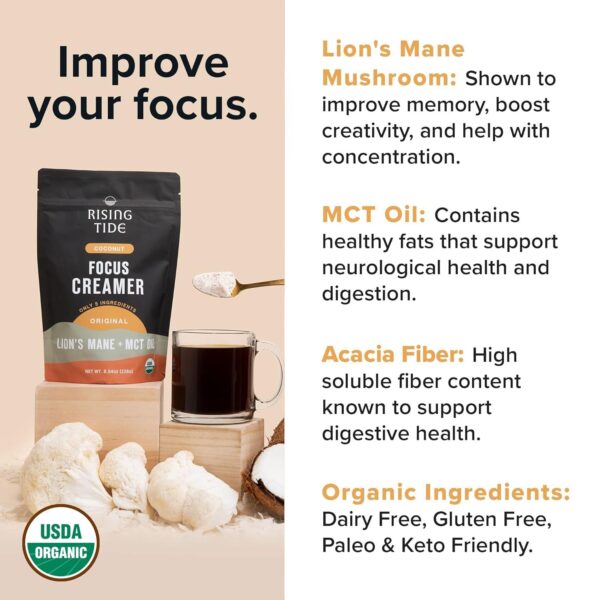 New Rising Tide Focus Keto Coffee Creamer with MCT Oil and Lion’s Mane Mushroom, Organic Powdered Creamer, Superfood Creamer,