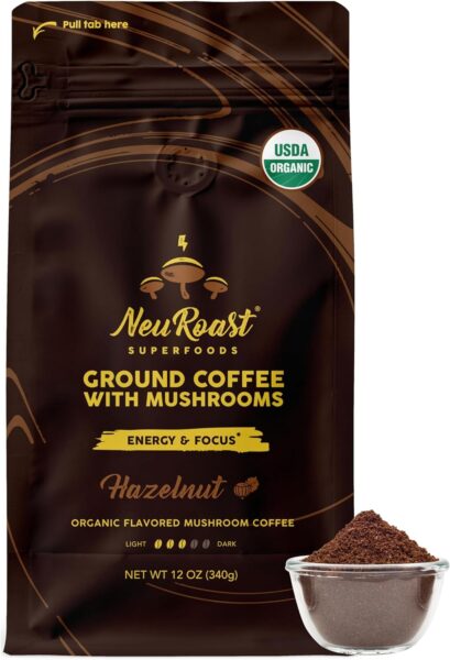 Organic Ground Mushroom Coffee by NeuRoast – Caramel Flavor | Low Acid, Smooth Taste | Premium Coffee with 5 Mushroom Blend –