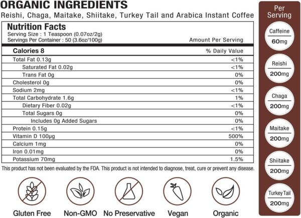 Tiger Organic 5 Mushroom Instant Coffee with 100% Arabica – Powerful Natural Ingredients | Reishi, Maitake, Shiitake, Chaga &