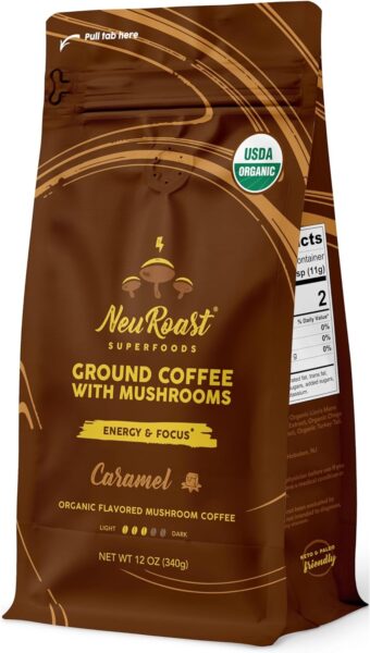 Organic Ground Mushroom Coffee by NeuRoast – Caramel Flavor | Low Acid, Smooth Taste | Premium Coffee with 5 Mushroom Blend –