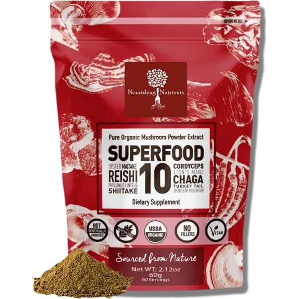 Organic Mushroom Powder Extract -Superfood 10 Supplement 14x Stronger 100% Pure USDA Immunity Booster- Reishi, Chaga, Cordyceps,