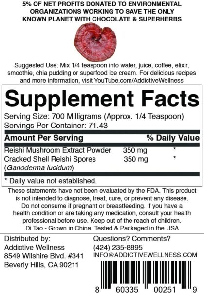 Addictive Wellness Reishi Mushroom Extract Powder + Spores (50/50 Blend) Wood Grown Pure & Potent Wildcrafted Ganoderma 50g