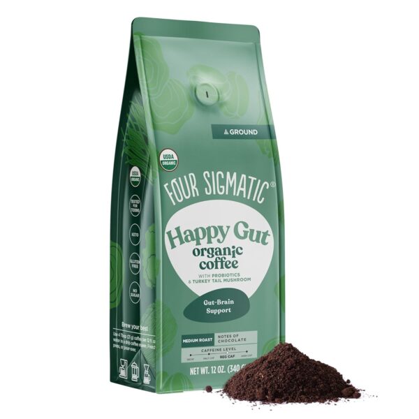 Four Sigmatic Happy Gut Organic Ground Coffee | Medium Roast Fair Trade Gourmet Coffee with Chaga & Turkey Tail | Immune