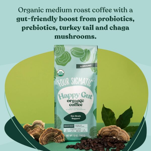 Four Sigmatic Happy Gut Organic Ground Coffee | Medium Roast Fair Trade Gourmet Coffee with Chaga & Turkey Tail | Immune