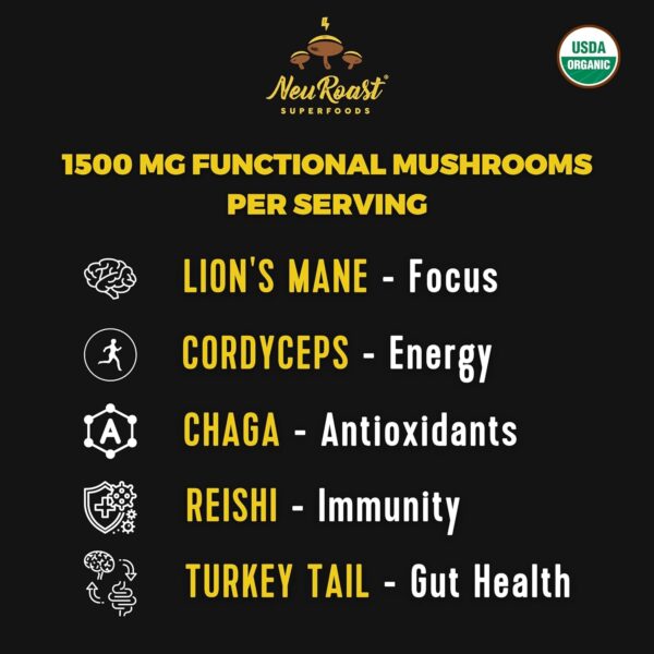 Organic Ground Mushroom Coffee Classic Roast | Low Acid, Smooth Taste | Premium Coffee with 5 Mushrooms – Boosts Energy, Focus,