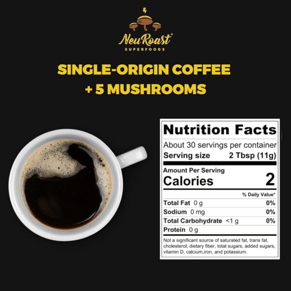 Organic Ground Mushroom Coffee by NeuRoast – Caramel Flavor | Low Acid, Smooth Taste | Premium Coffee with 5 Mushroom Blend –