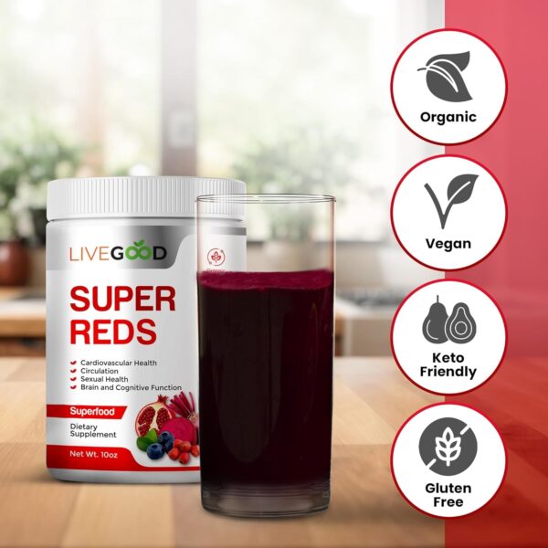 LIVEGOOD™ Organic Super Reds with Alfalfa, Barley Grass, Beet Root, Pomegranite, Grape Seed, Vegan, Gluten Free, 7.2 oz.