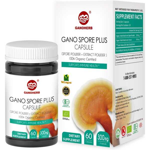 Organic Reishi Mushroom Spore Plus Capsules with 100% Ganoderma Lucidum Spore Powder+ Extract, Vegan, All Natural, Non-GMO &