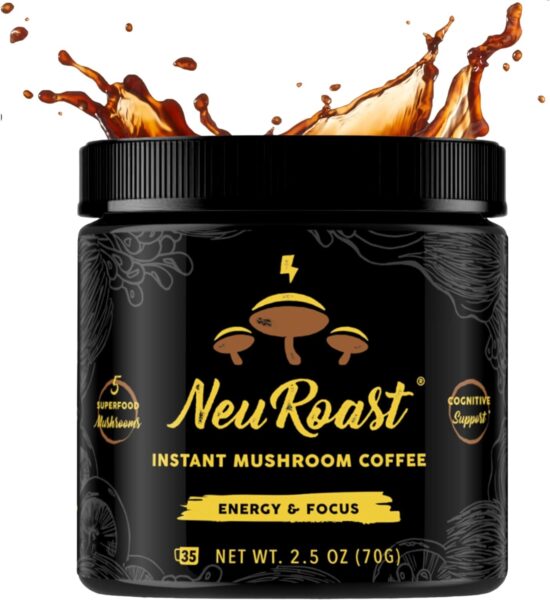 Organic Ground Mushroom Coffee by NeuRoast – Caramel Flavor | Low Acid, Smooth Taste | Premium Coffee with 5 Mushroom Blend –