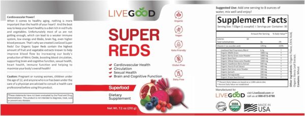 LIVEGOOD™ Organic Super Reds with Alfalfa, Barley Grass, Beet Root, Pomegranite, Grape Seed, Vegan, Gluten Free, 7.2 oz.