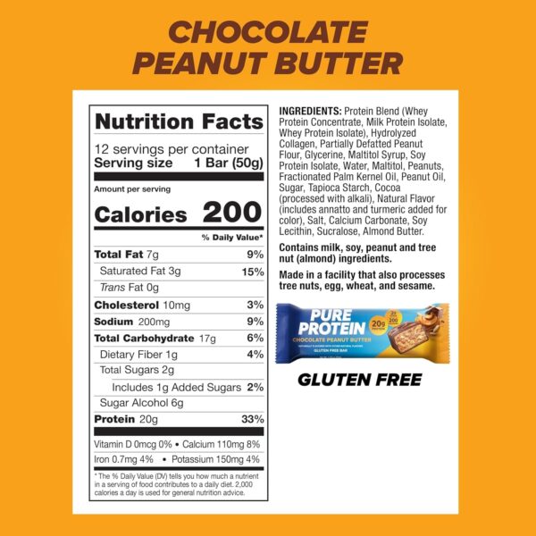 Pure Protein Bars, High Protein, Nutritious Snacks to Support Energy, Low Sugar, Gluten Free, Chocolate Salted Caramel 1.76 oz.,